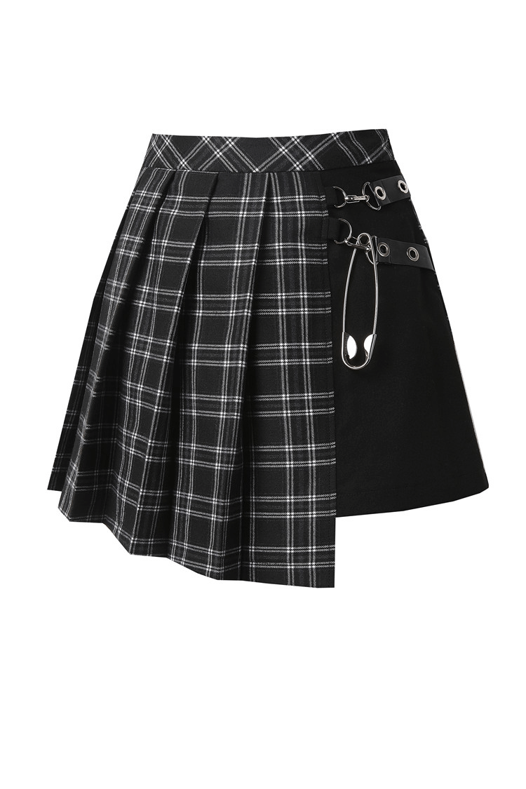 Grunge Gothic Asymmetrical Plaid Skirt with Large Pin Accents