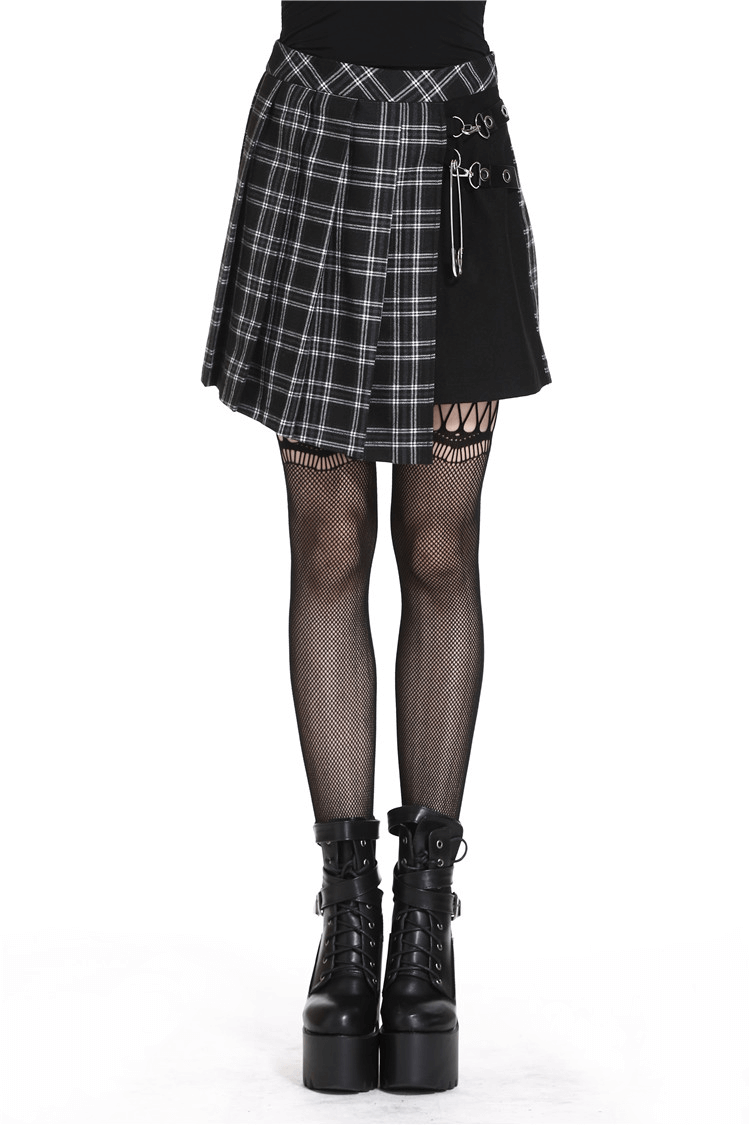 Grunge Gothic Asymmetrical Plaid Skirt with Large Pin Accents