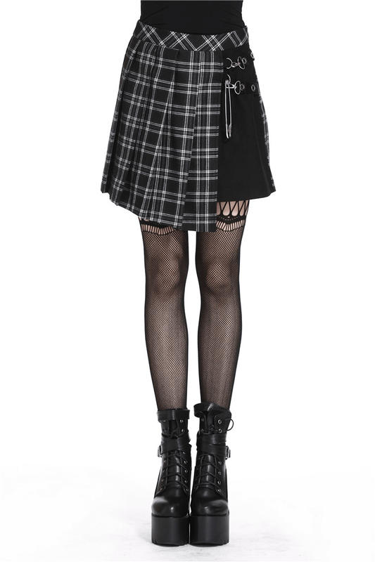 Grunge Gothic Asymmetrical Plaid Skirt with Large Pin Accents
