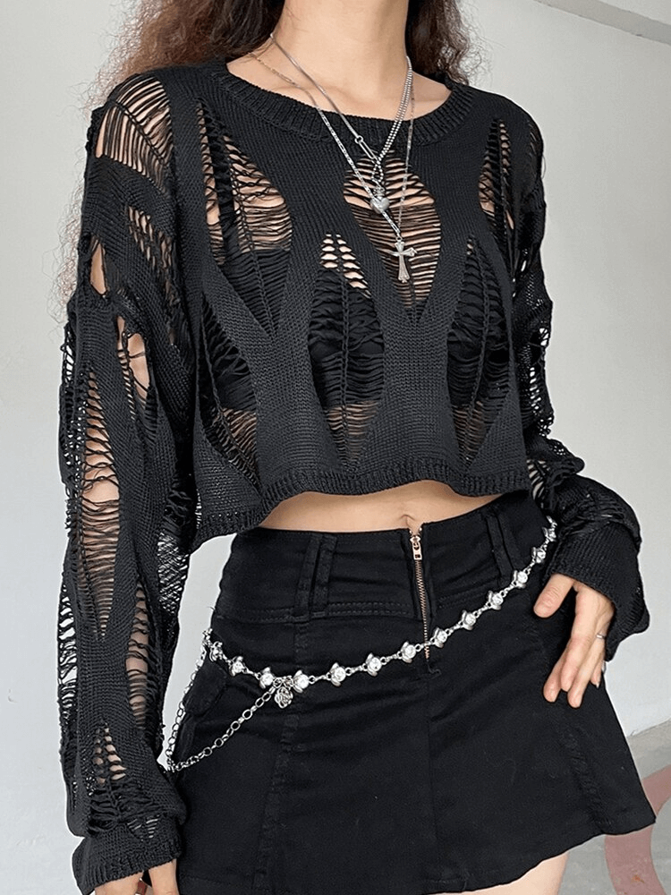 Grunge Vintage Long Sleeves Ripped Tops / Sexy Hollow Out Cropped Pullover