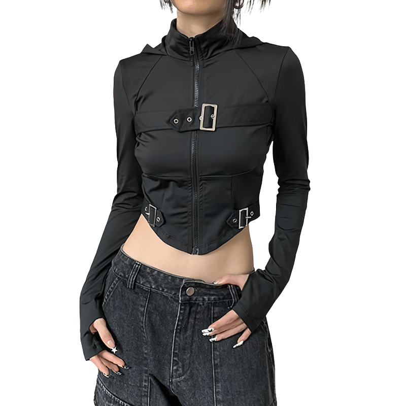 Grunge Zip-Up Hooded Tops with Thump Holes on Sleeves / Black Bodycon Hoodies