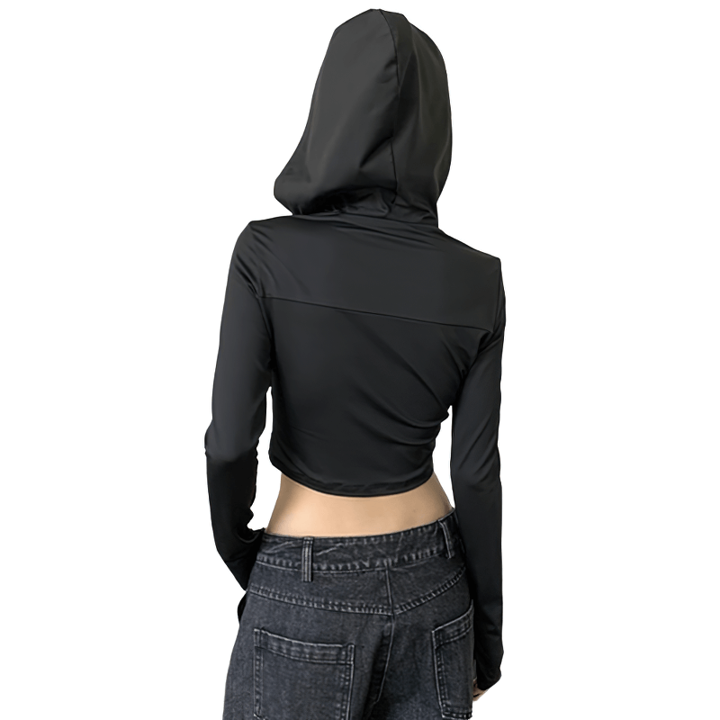 Grunge Zip-Up Hooded Tops with Thump Holes on Sleeves / Black Bodycon Hoodies