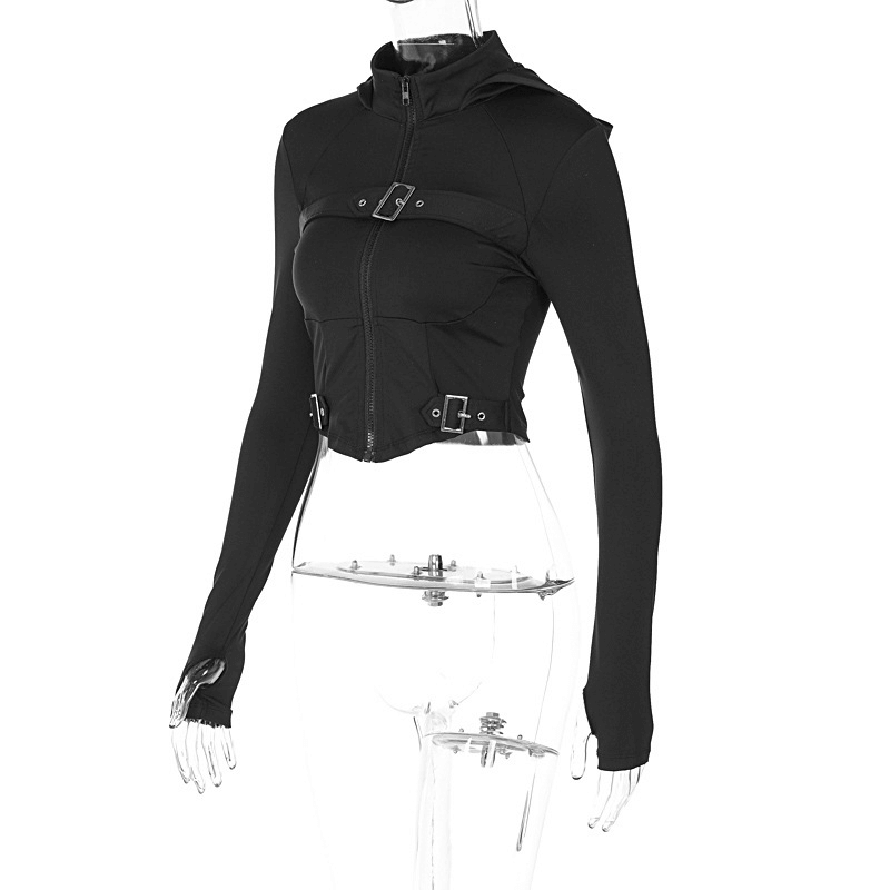 Grunge Zip-Up Hooded Tops with Thump Holes on Sleeves / Black Bodycon Hoodies