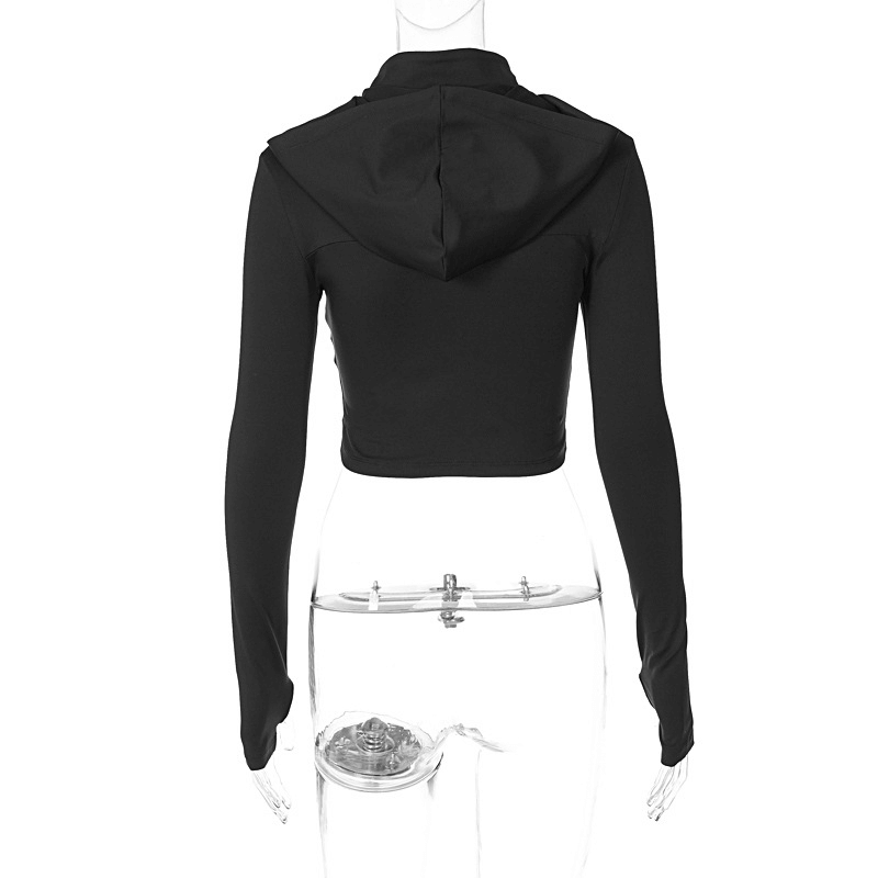 Grunge Zip-Up Hooded Tops with Thump Holes on Sleeves / Black Bodycon Hoodies