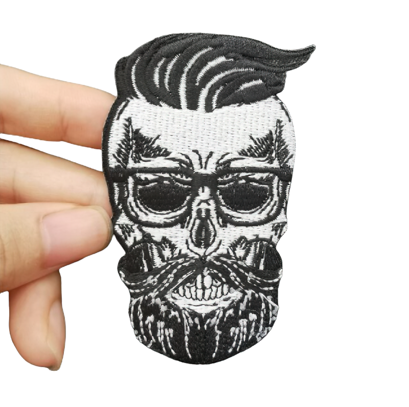 Hairy Skull With Beard And Mustache Fusible Patch For Clothing / Accessory For Jackets