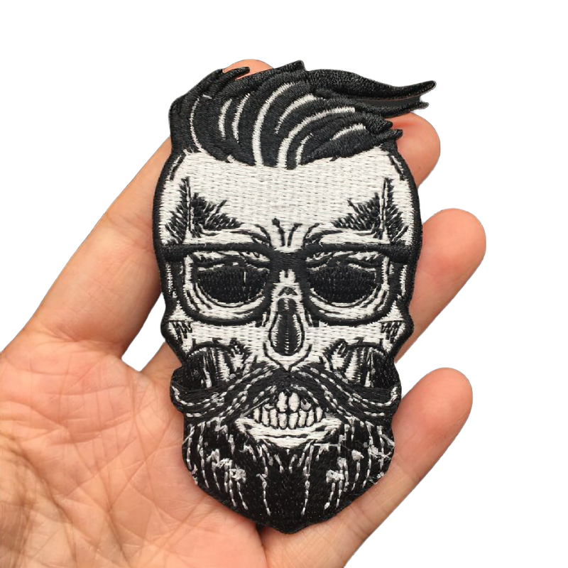 Hairy Skull With Beard And Mustache Fusible Patch For Clothing / Accessory For Jackets