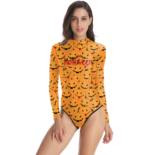 Halloween Women's One-Piece Swimsuit with Pumpkin Print / Sexy Slim Long Sleeve Swimwear