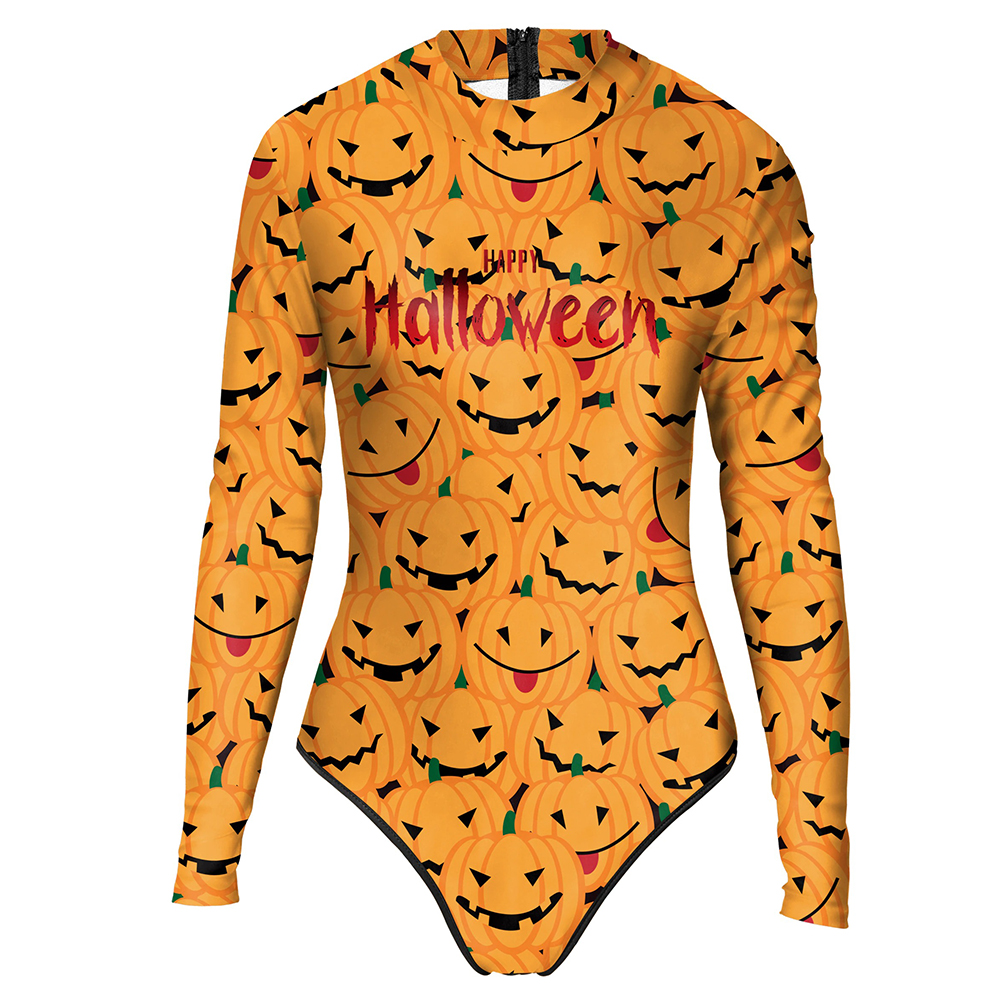 Halloween Women's One-Piece Swimsuit with Pumpkin Print / Sexy Slim Long Sleeve Swimwear
