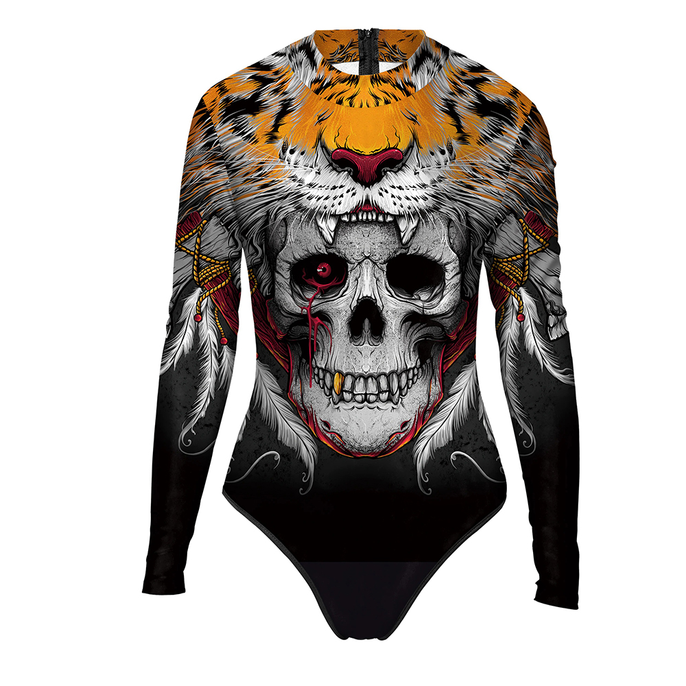 Halloween Women's One-Piece Swimsuit with Skull Print / Sexy Slim Long Sleeve Swimwear