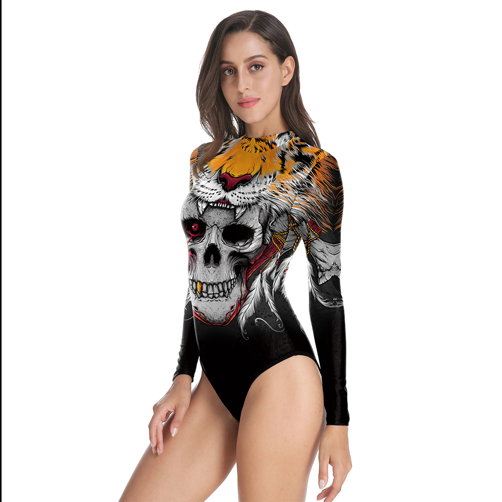 Halloween Women's One-Piece Swimsuit with Skull Print / Sexy Slim Long Sleeve Swimwear