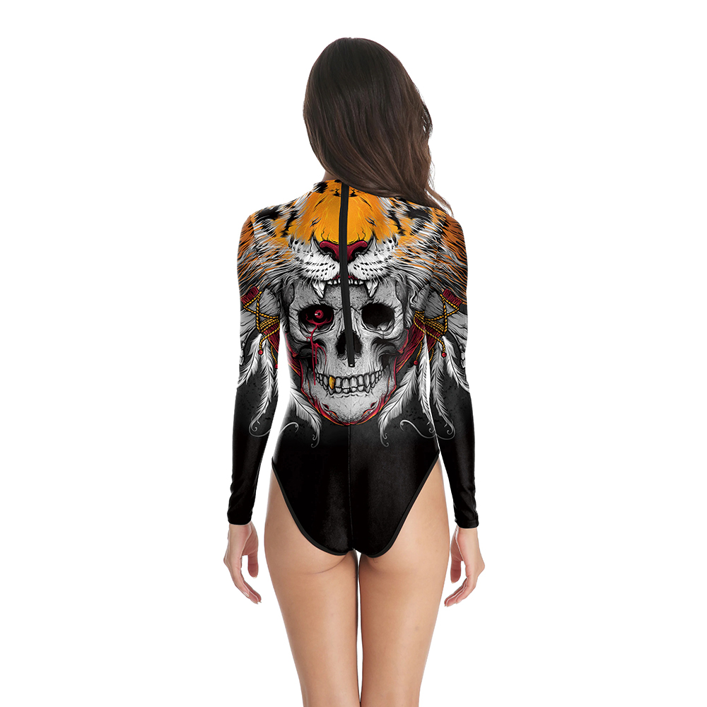 Halloween Women's One-Piece Swimsuit with Skull Print / Sexy Slim Long Sleeve Swimwear