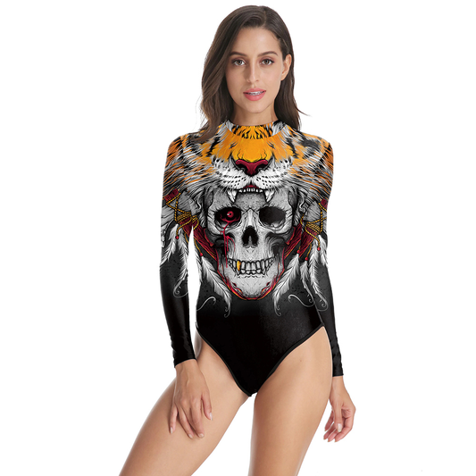 Halloween Women's One-Piece Swimsuit with Skull Print / Sexy Slim Long Sleeve Swimwear