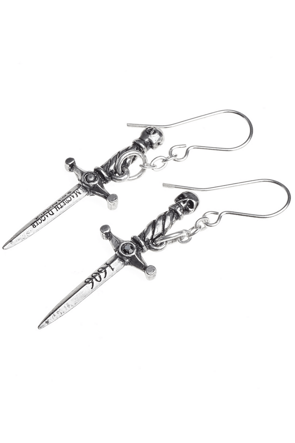 Hand of Macbeth Skull Dagger Earrings with Chain Link Design