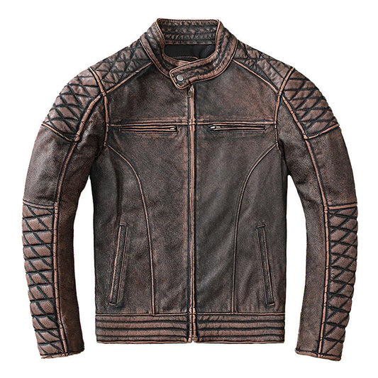 Heavy Genuine Leather Motorcycle Jacket / Men's Vintage Brown Slim Biker Cowhide Coat