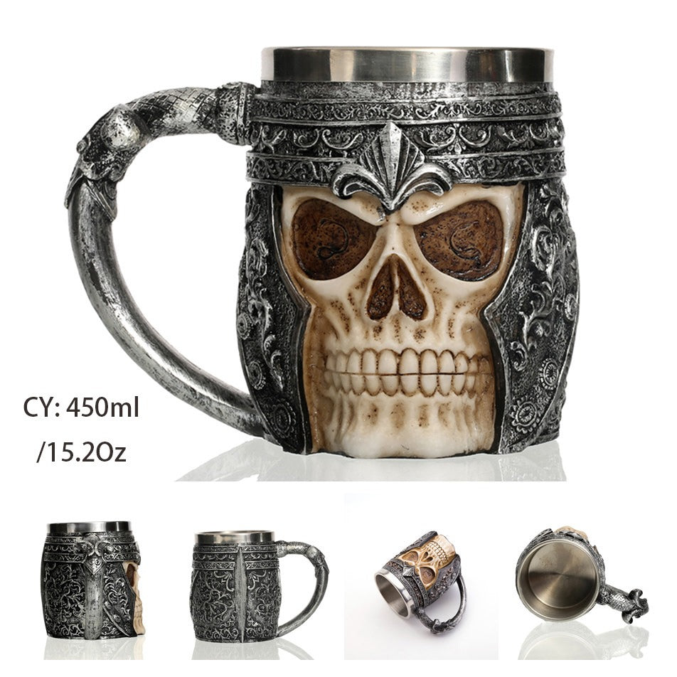 Hell Knight Resin and Stainless Steel Beer 450ml Mug / Retro Viking Pub Bar Mug with Skull