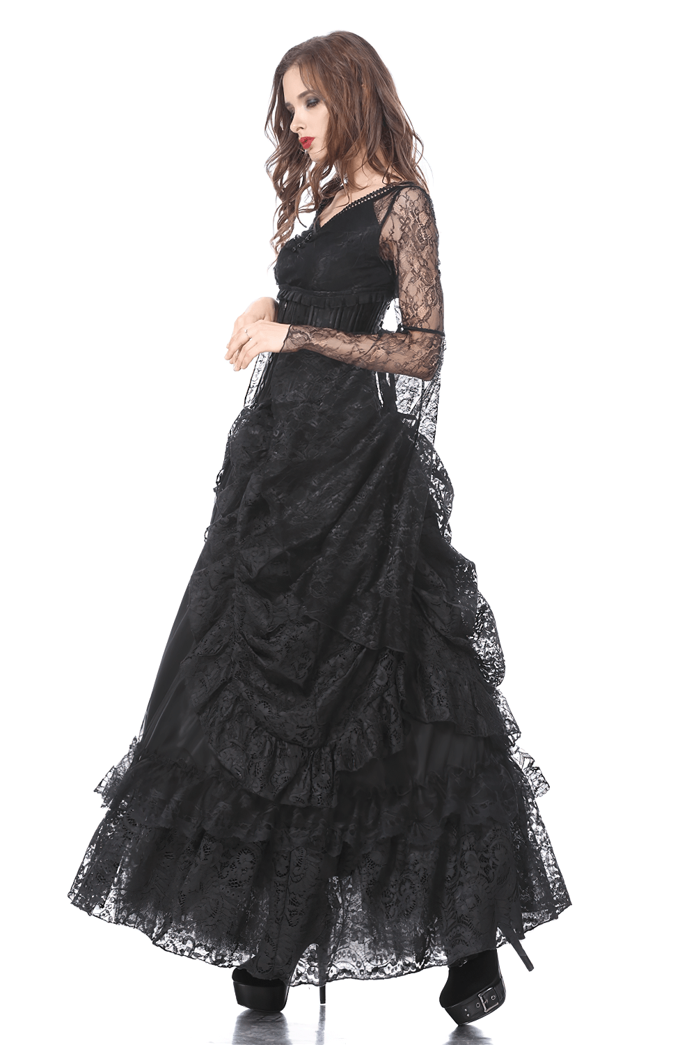 High Front Low Back Lace Maxi Skirt - Dark Romance