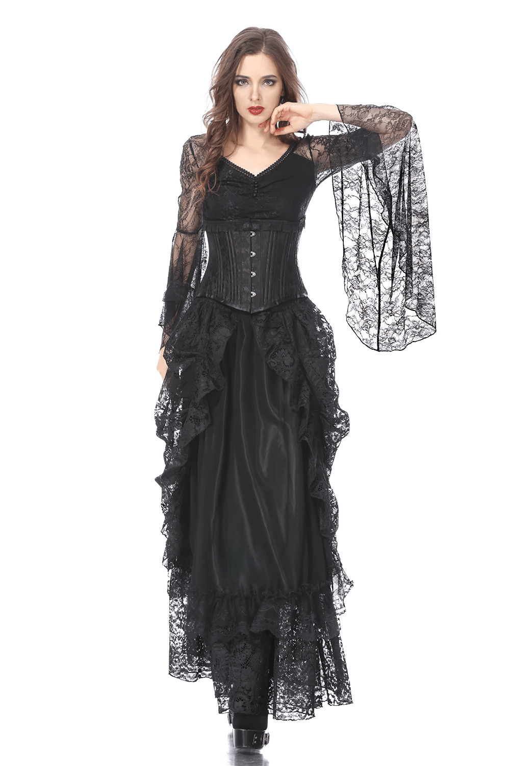 High Front Low Back Lace Maxi Skirt - Dark Romance
