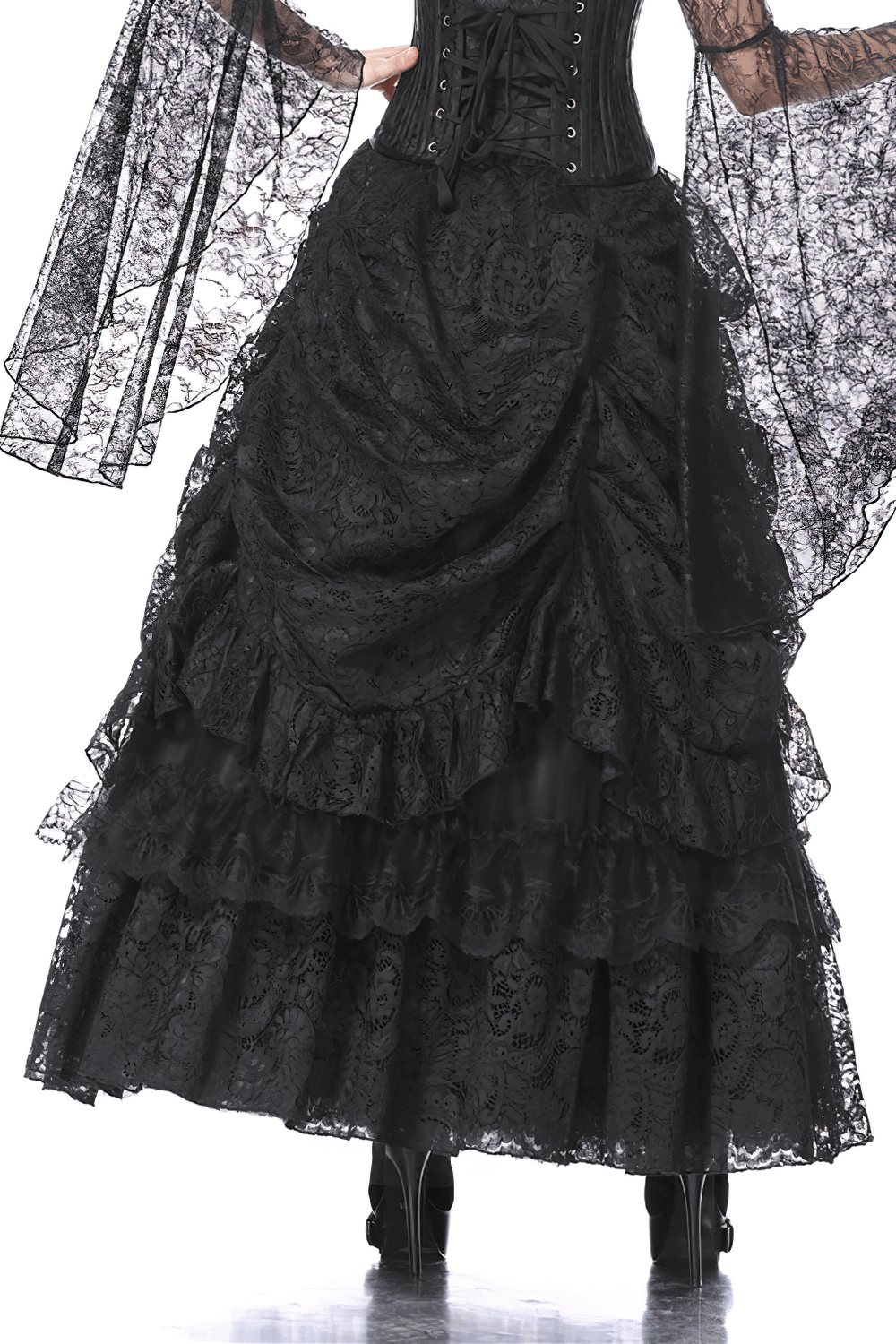 High Front Low Back Lace Maxi Skirt - Dark Romance