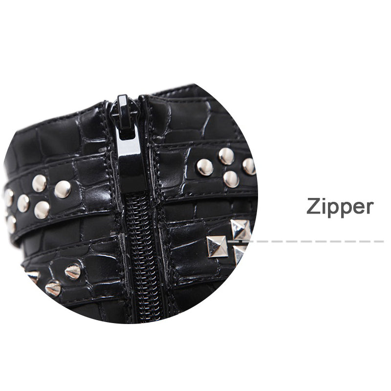 High Heels Chains Rivets Shoes / Women Ankle Platform Boots / Patent Leather Boots with Zipping