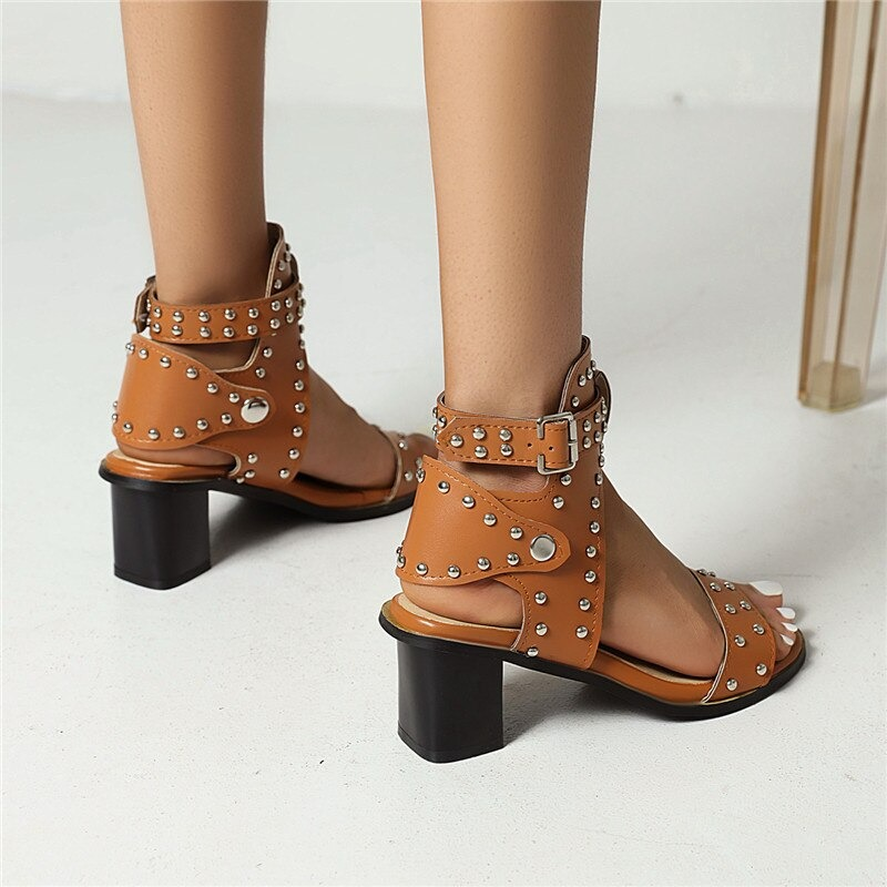 High Heels Sandals for Women / Vintage Shoes with Rivet Buckle / Ladies Summer Sandals