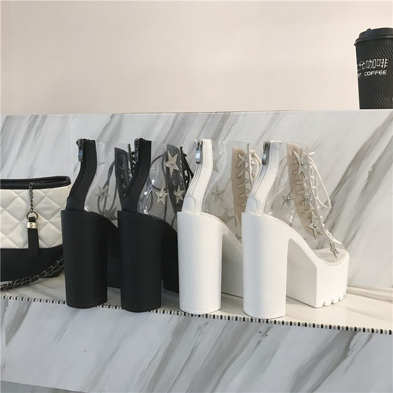 High Heels Women Sandals Boots / Punk Style Lace-Up PVC Star Crystal Platform Shoes