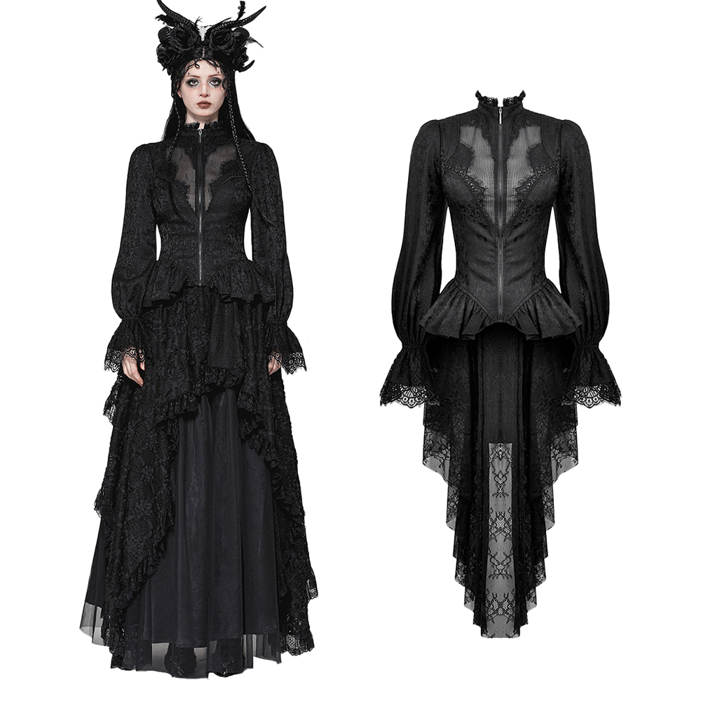 High-Low Lace Tailcoat with Sheer Sleeves and Corset Waist