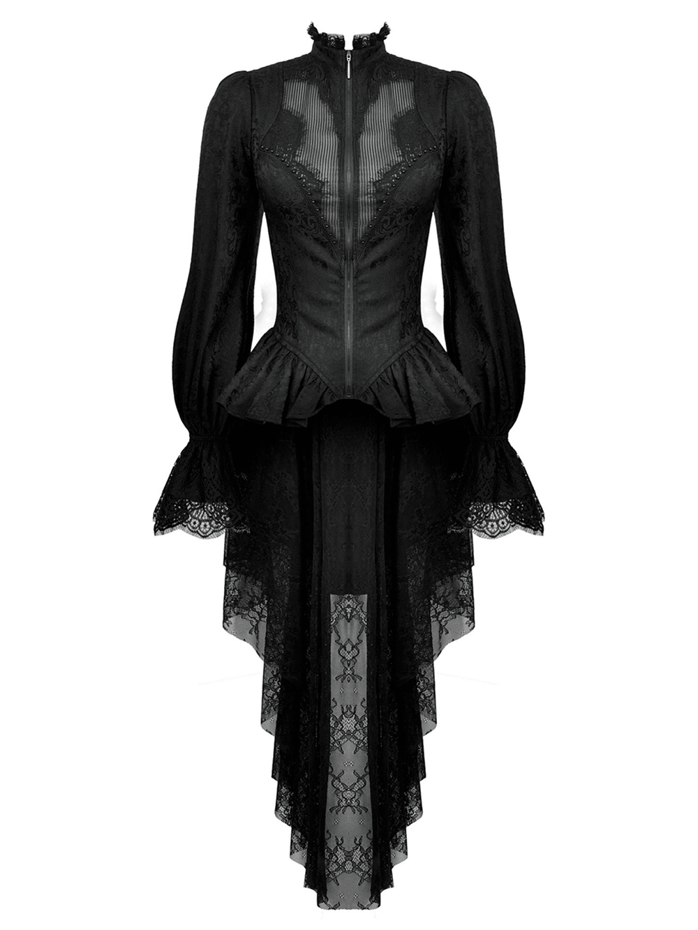 High-Low Lace Tailcoat with Sheer Sleeves and Corset Waist
