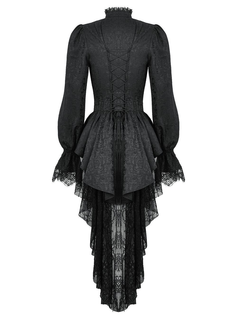 High-Low Lace Tailcoat with Sheer Sleeves and Corset Waist