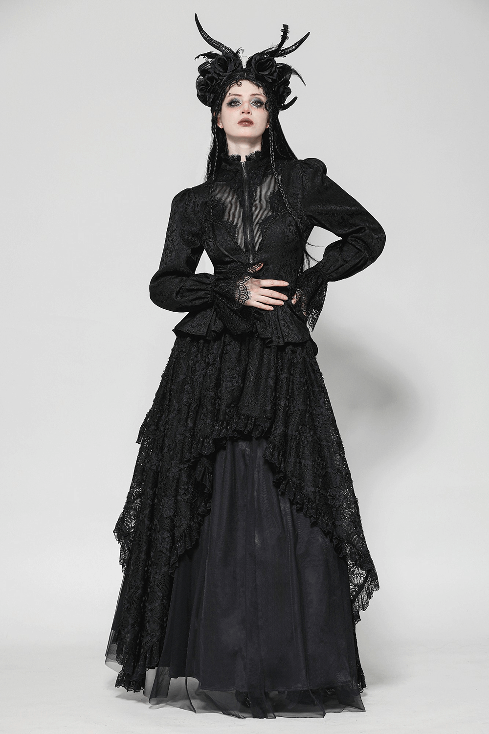 High-Low Lace Tailcoat with Sheer Sleeves and Corset Waist