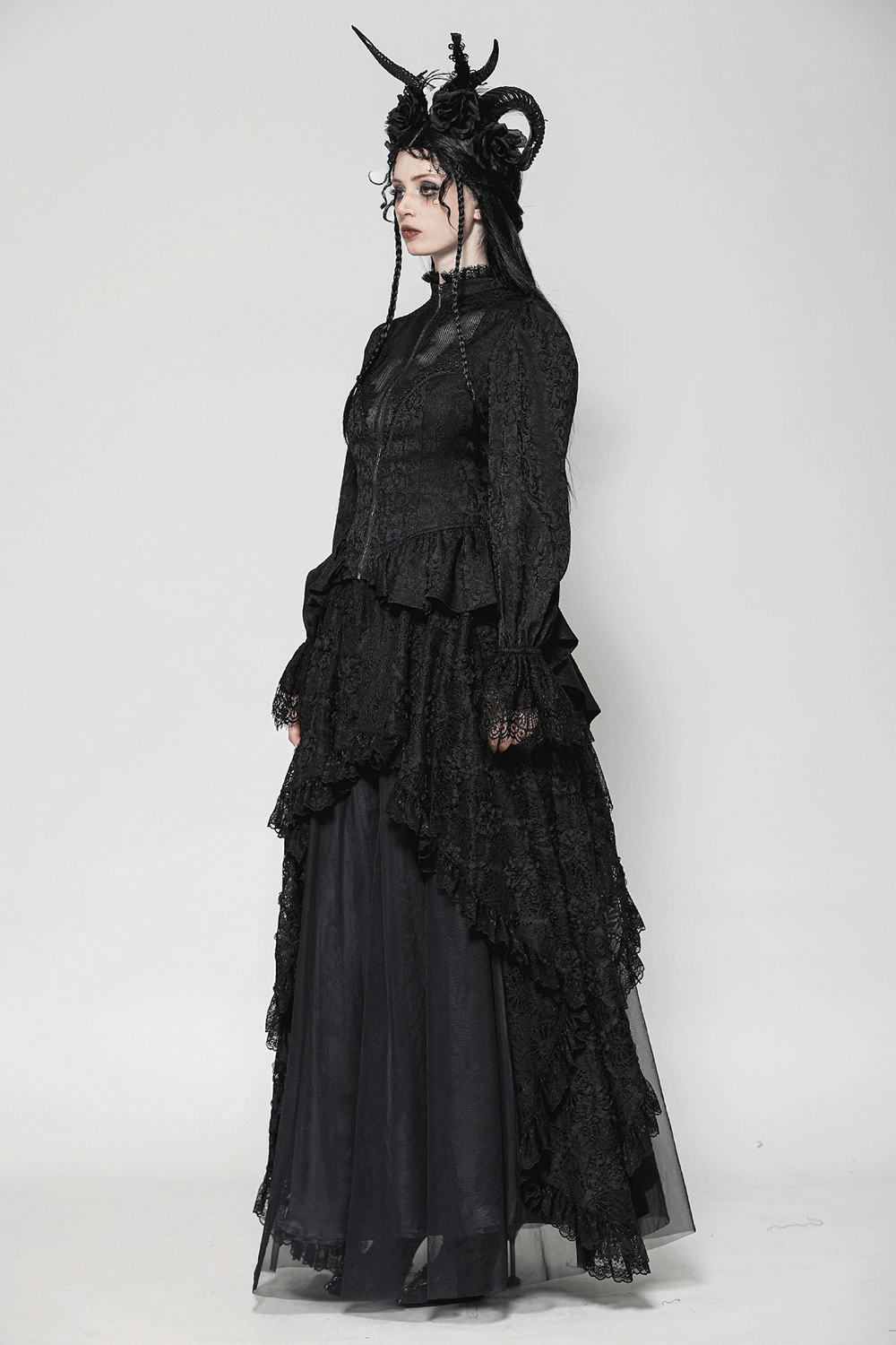 High-Low Lace Tailcoat with Sheer Sleeves and Corset Waist