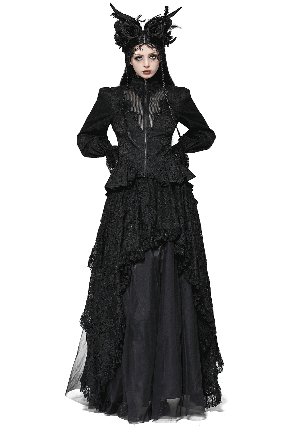 High-Low Lace Tailcoat with Sheer Sleeves and Corset Waist