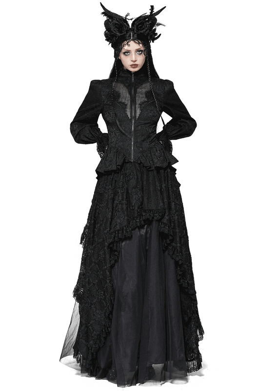 High-Low Lace Tailcoat with Sheer Sleeves and Corset Waist