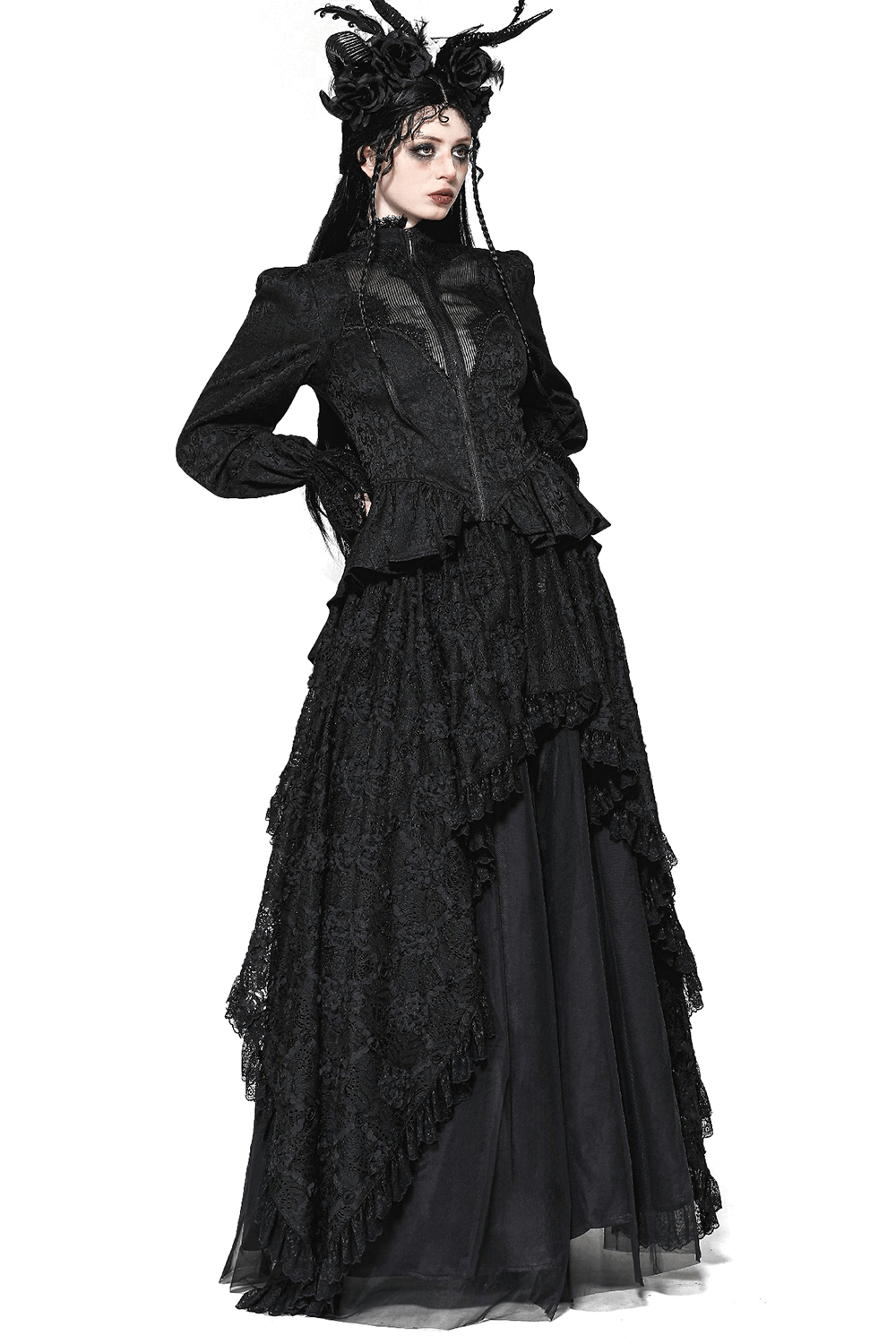 High-Low Lace Tailcoat with Sheer Sleeves and Corset Waist