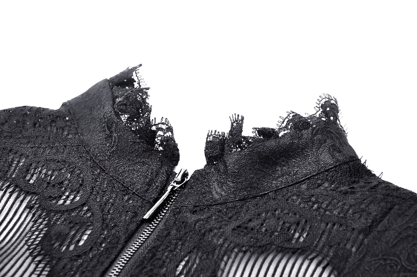 High-Low Lace Tailcoat with Sheer Sleeves and Corset Waist