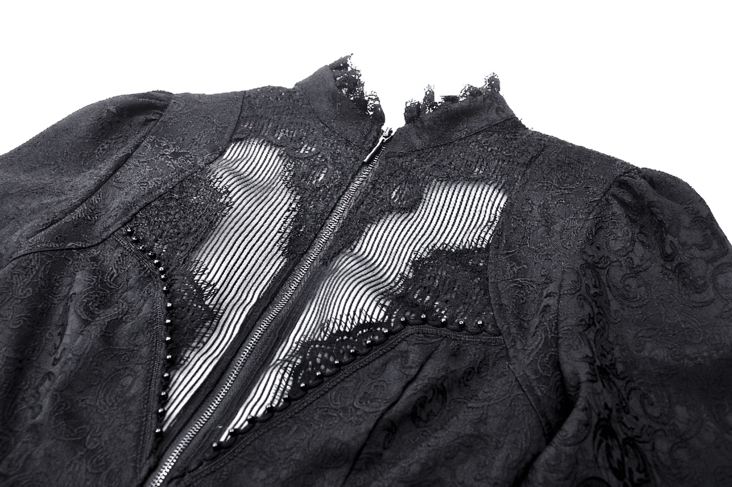 High-Low Lace Tailcoat with Sheer Sleeves and Corset Waist