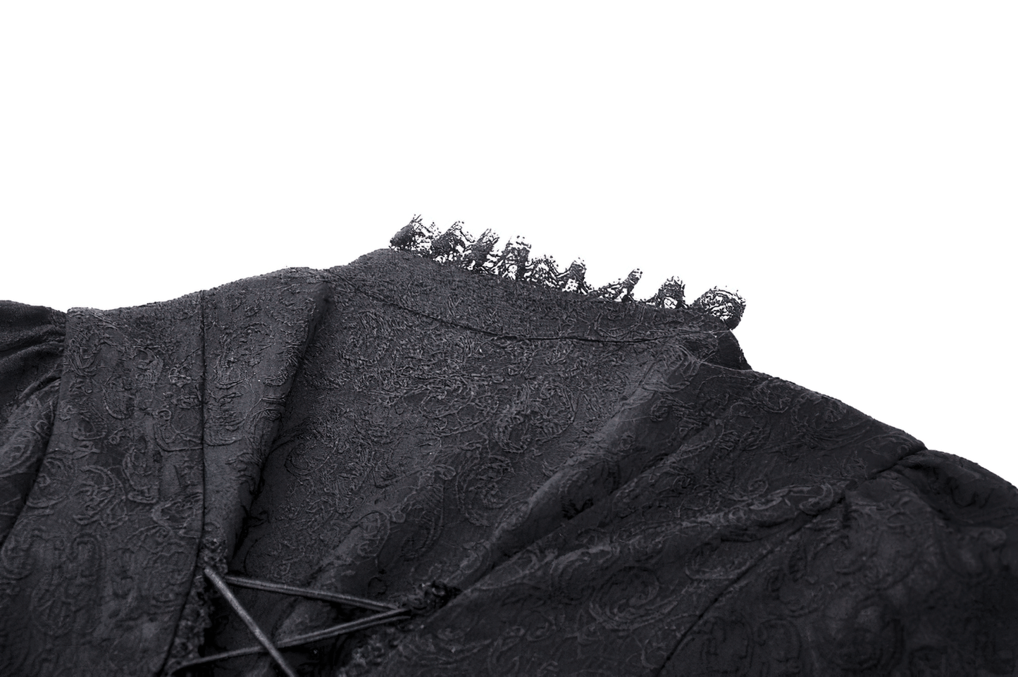 High-Low Lace Tailcoat with Sheer Sleeves and Corset Waist