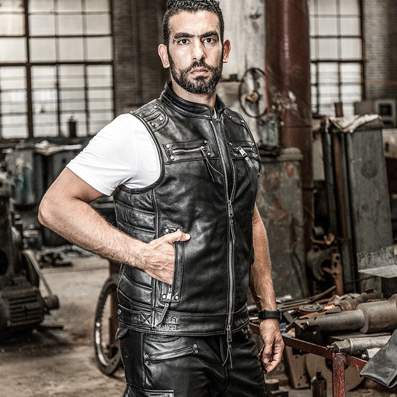 Men's Professional Motorcycle Biker Vest / Sleeveless Jacket of Genuine Leather