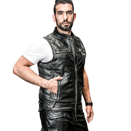 Men's Professional Motorcycle Biker Vest / Sleeveless Jacket of Genuine Leather