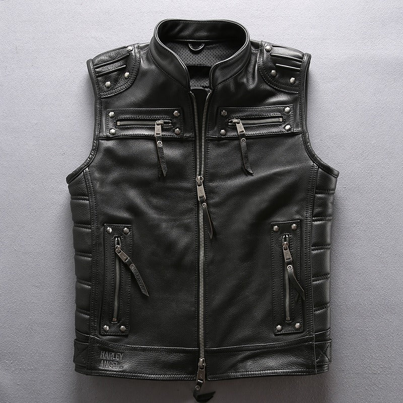 Men's Professional Motorcycle Biker Vest / Sleeveless Jacket of Genuine Leather