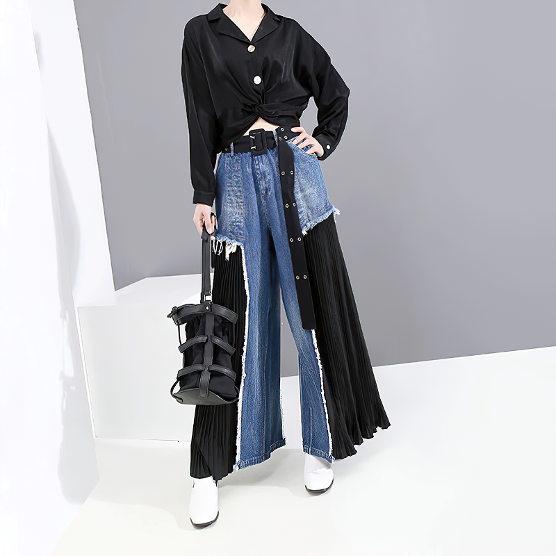 High Waist Blue Denim Women's Trousers / Fashion Female Wide Pants