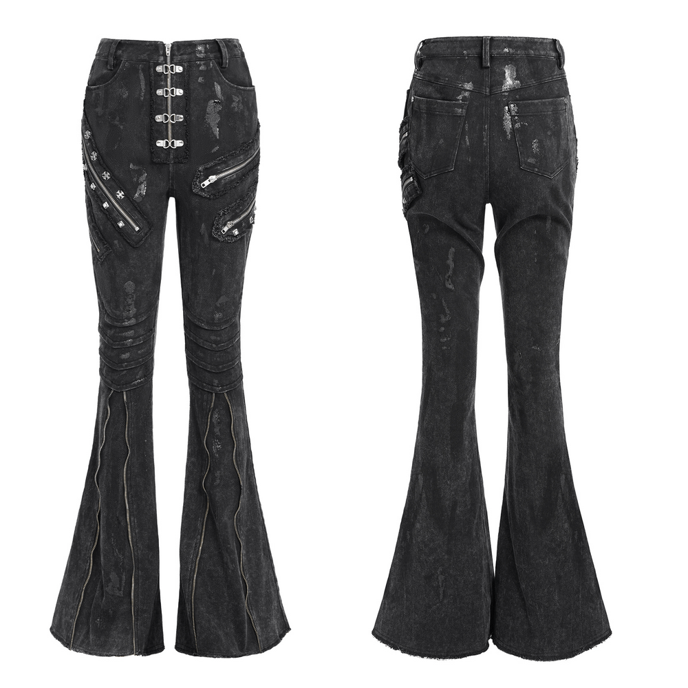 High Waist Flared Jeans with Buckles and Zipper Detail