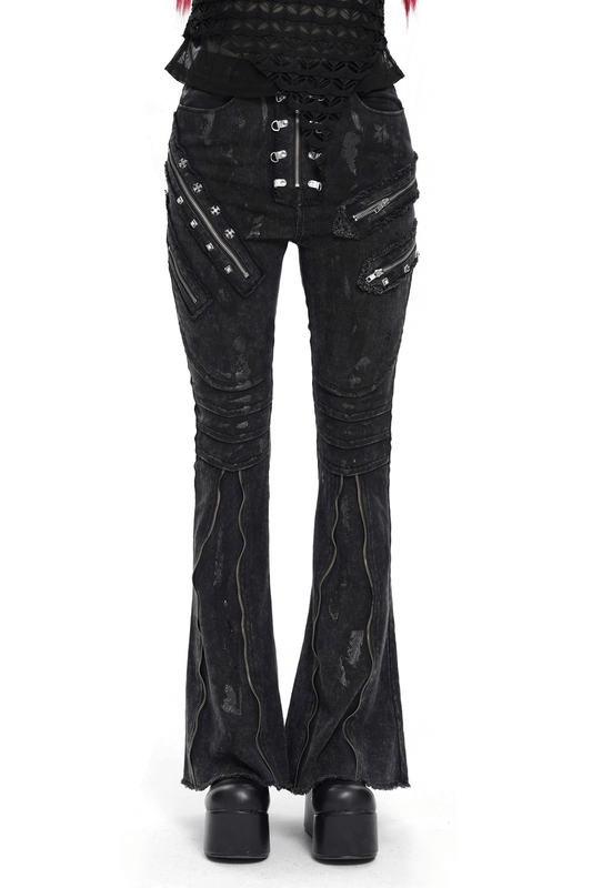 High Waist Flared Jeans with Buckles and Zipper Detail