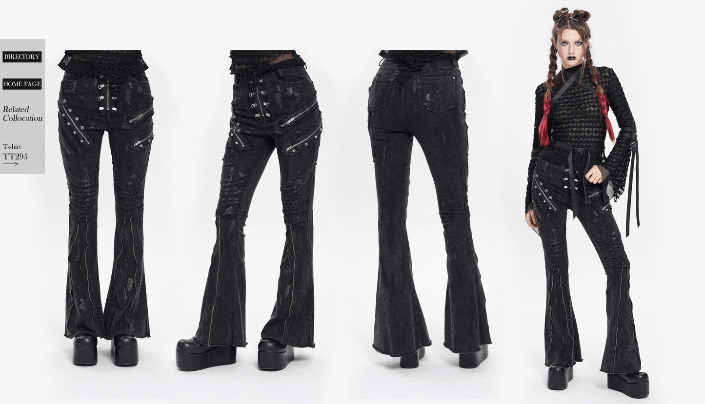 High Waist Flared Jeans with Buckles and Zipper Detail