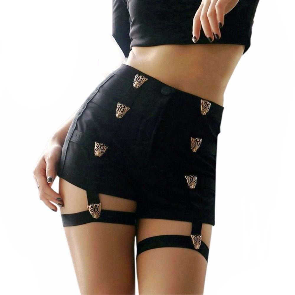 High Waist Short Shorts for Women / Metal Leopard Buttons Decoration / Female Rave Outfits