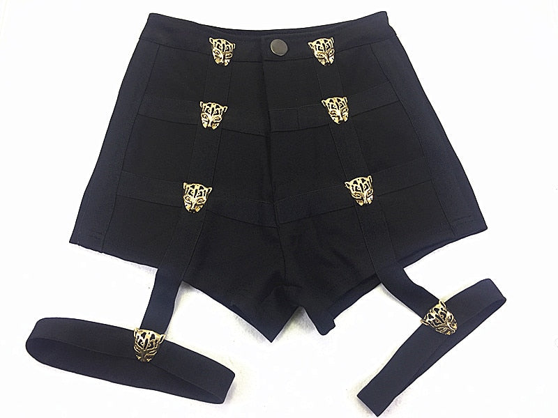 High Waist Short Shorts for Women / Metal Leopard Buttons Decoration / Female Rave Outfits