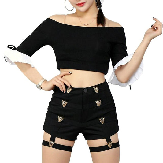 High Waist Short Shorts for Women / Metal Leopard Buttons Decoration / Female Rave Outfits