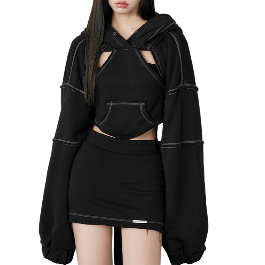 Hollow Out Long Sleeves Hooded Sweatshirt / Cool Solid Backless Crop Hoodie For Women