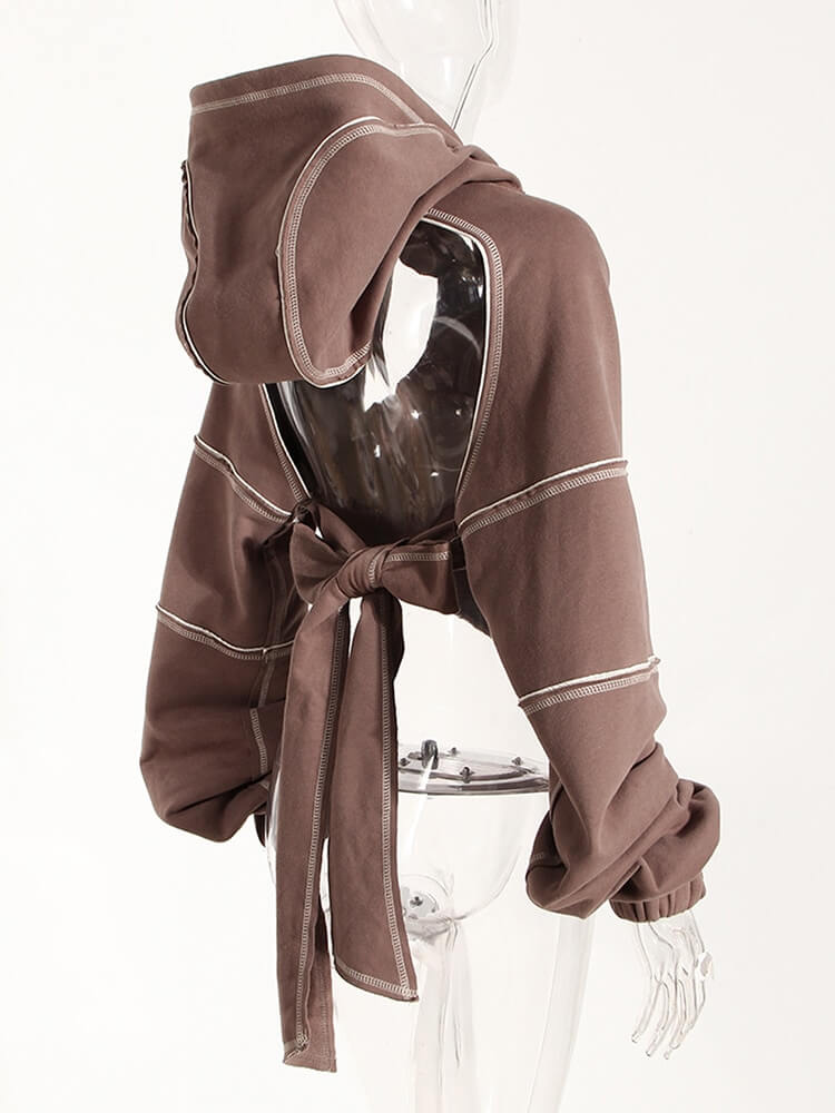 Hollow Out Long Sleeves Hooded Sweatshirt / Cool Solid Backless Crop Hoodie For Women