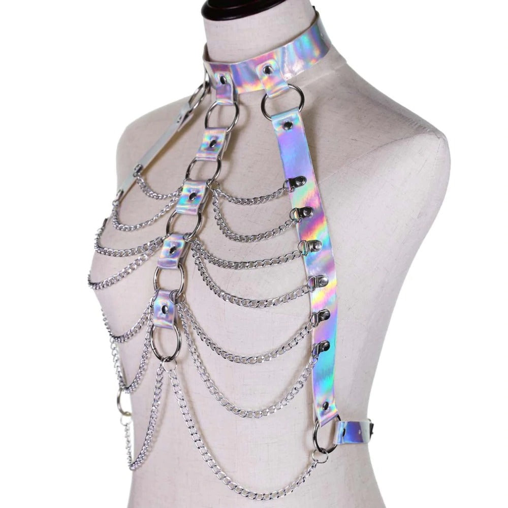 Holographic Chain Body Harness / Body Chain Bra Top Bondage / Festival Rave Outfit for Women