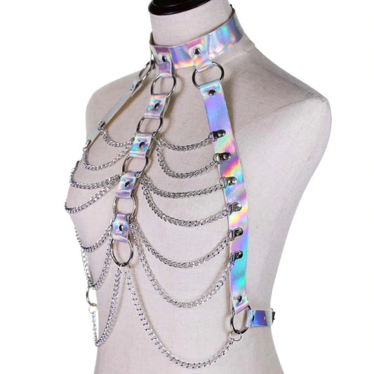 Holographic Chain Body Harness / Body Chain Bra Top Bondage / Festival Rave Outfit for Women
